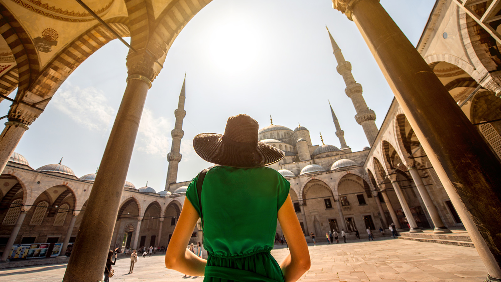 Young,Woman,Traveler,In,Black,Hat,And,Green,Dress,Looking